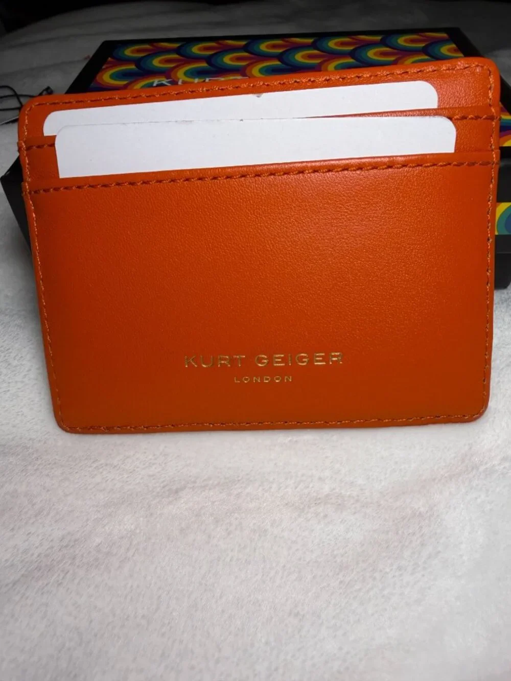 Kurt Geiger London Orange Card Holder With Metallic Eagle Design & Gift Box NWT